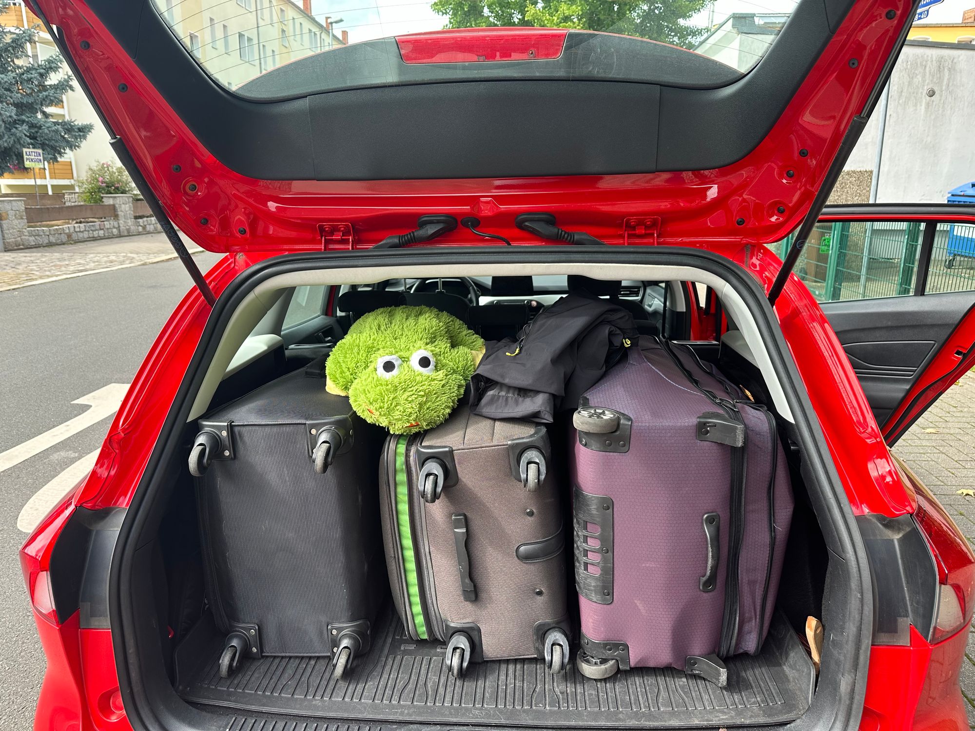Freddy in the car with the three big suitcases